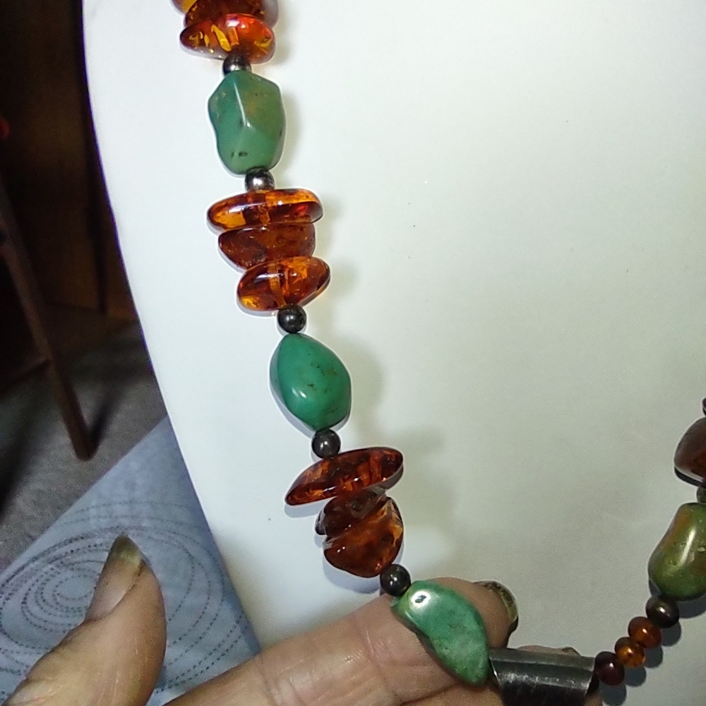 Enormous Turquoise and Amber Pendant Necklace - Statement Piece - Very Heavy - Picture 4 of 16